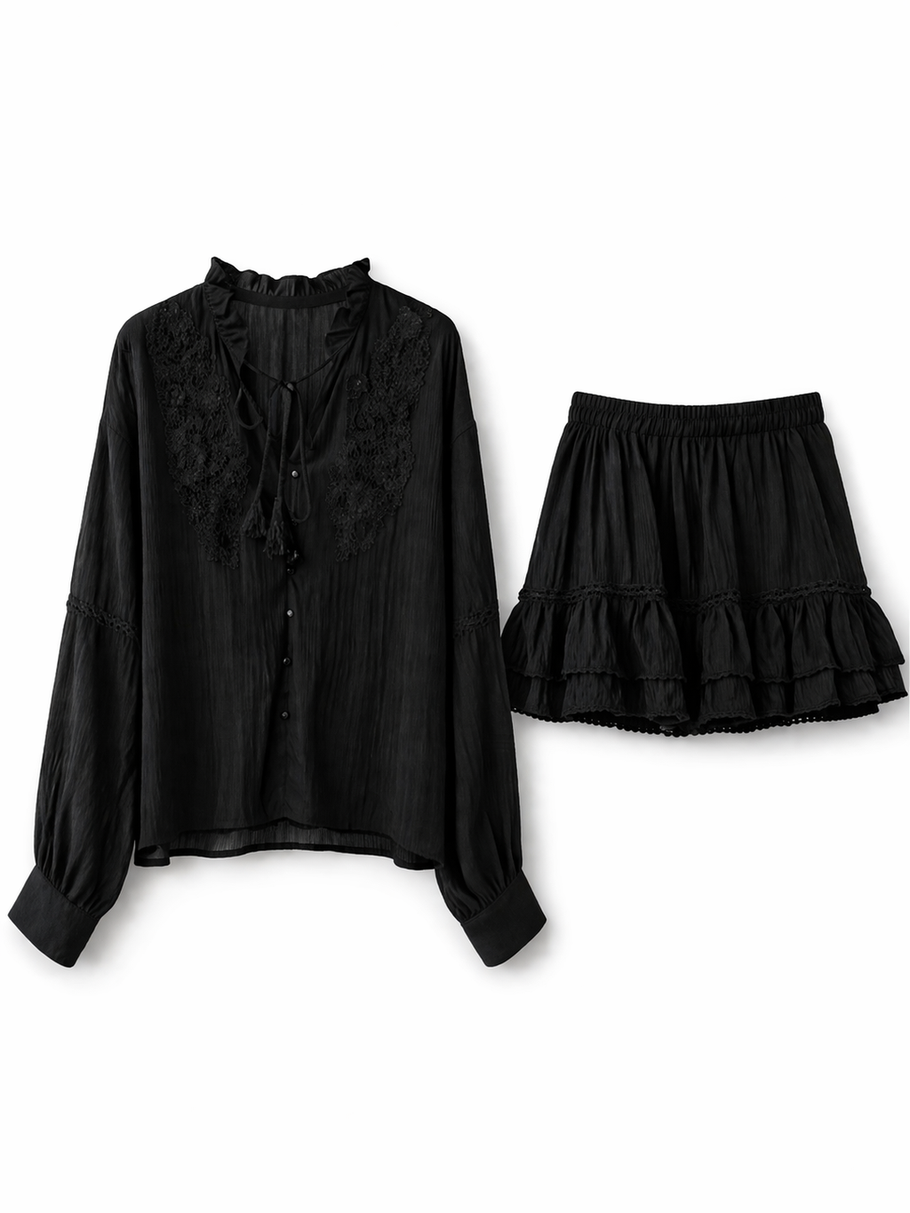 Boho Embroidered Blouse & Ruffled Shorts Set
