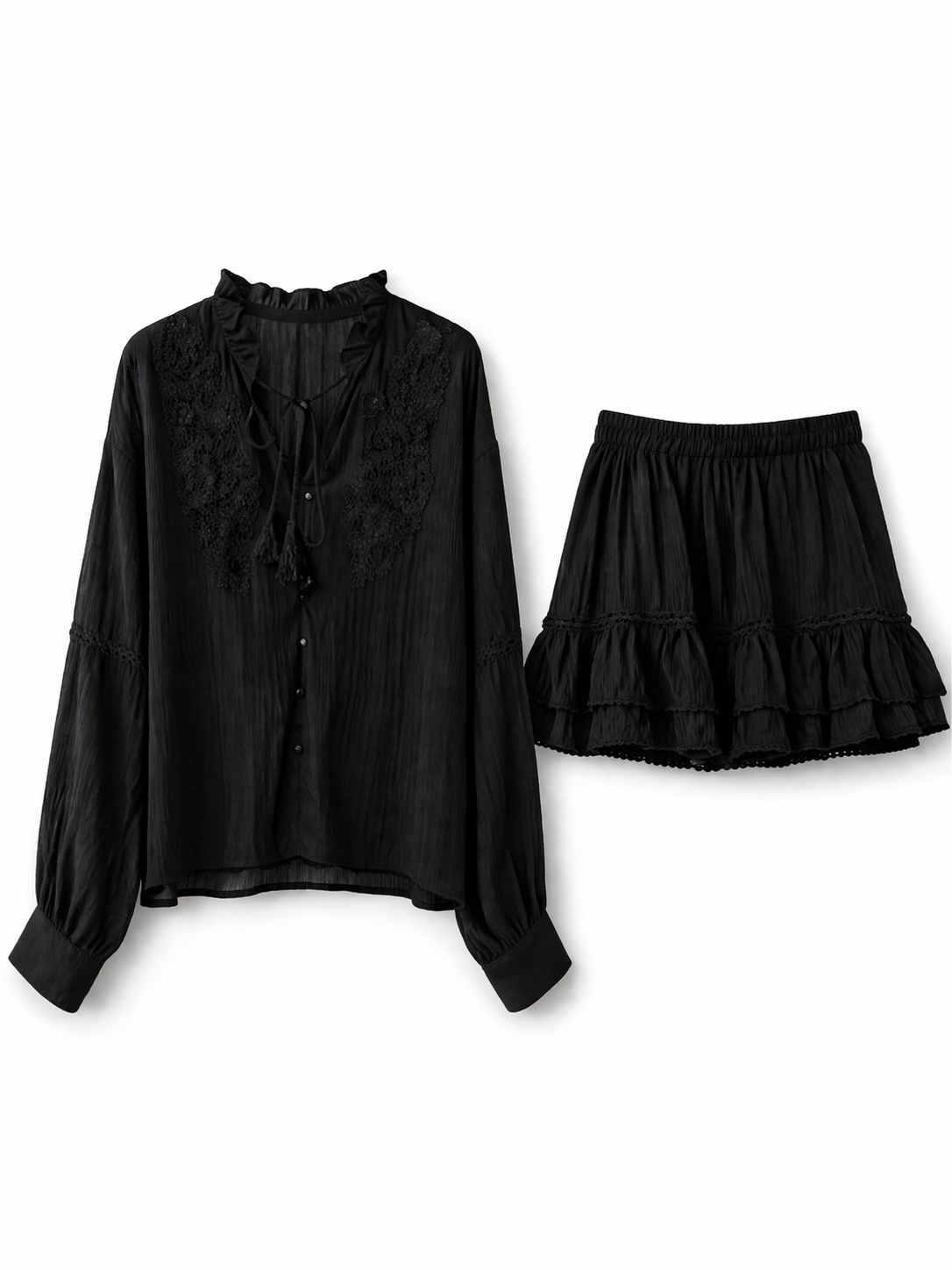 Boho Embroidered Blouse & Ruffled Shorts Set