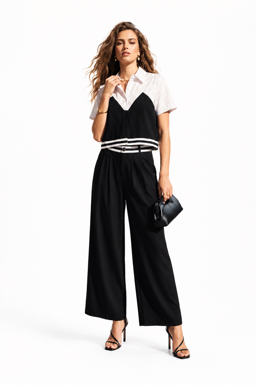 Two- Tone Tailored Set - Cropped Shirt & Wide-Leg Trousers
