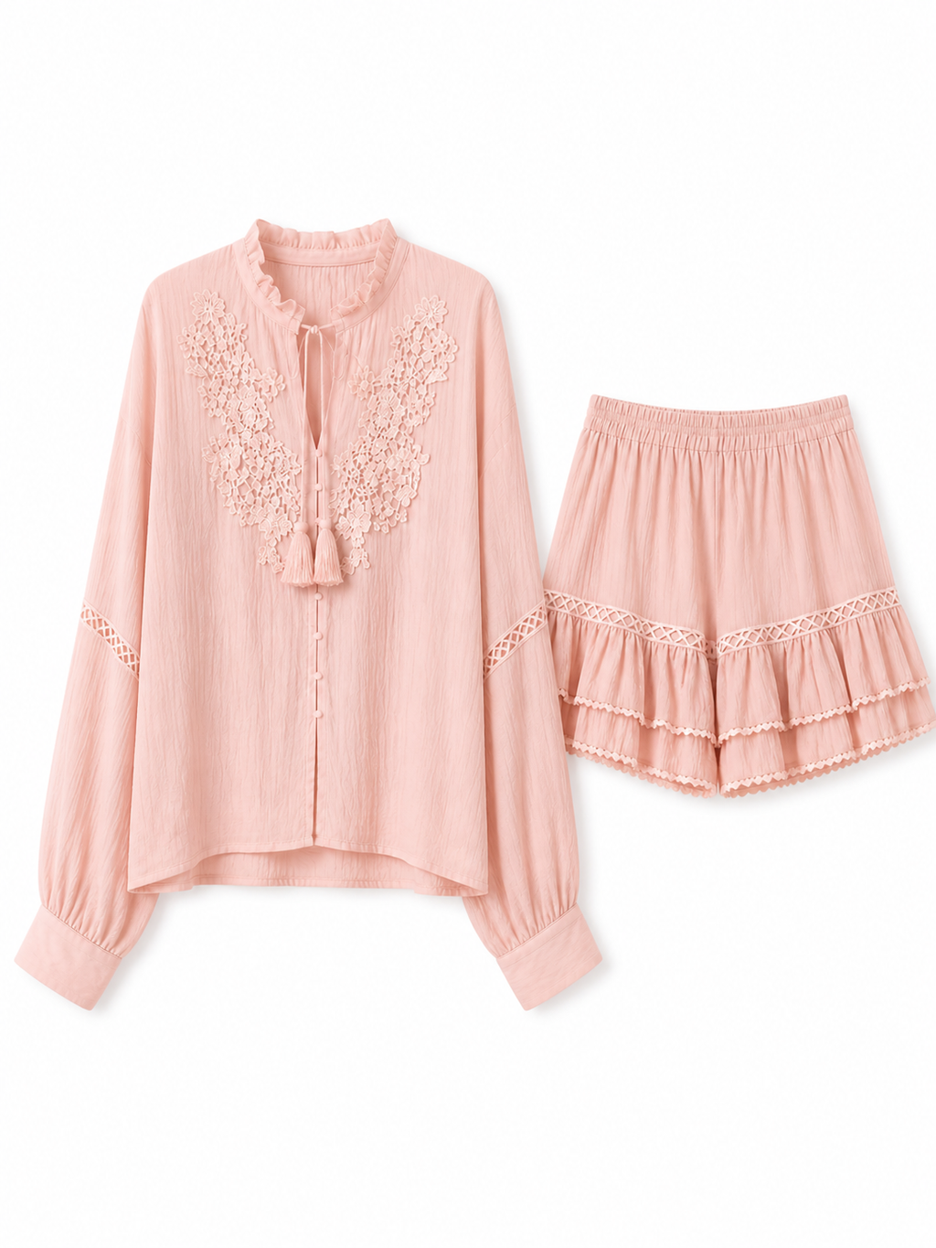 Boho Embroidered Blouse & Ruffled Shorts Set