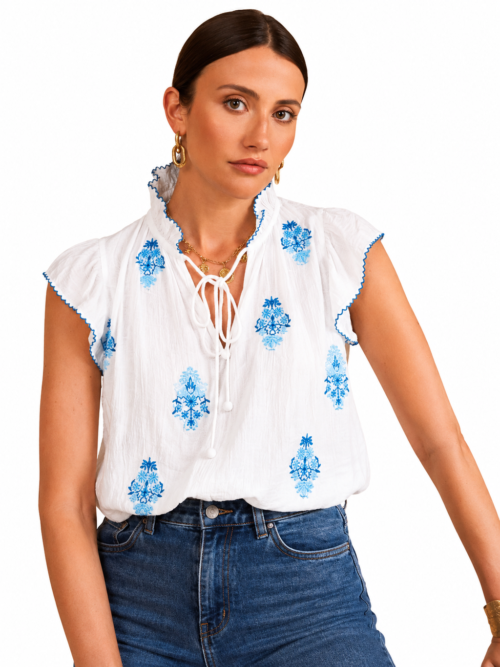 Embroired Flutter Sleeve Blouse