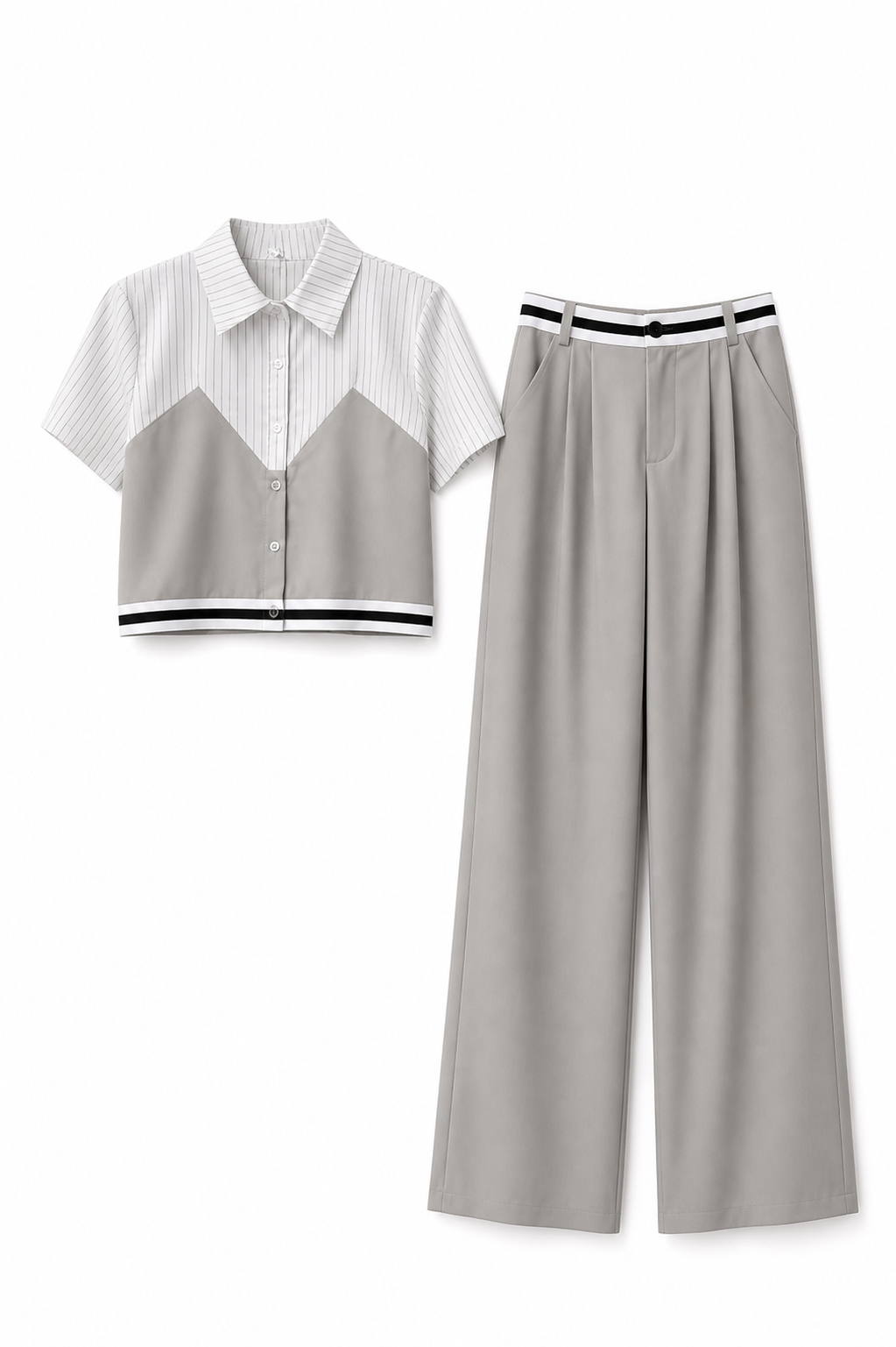 Two- Tone Tailored Set - Cropped Shirt & Wide-Leg Trousers
