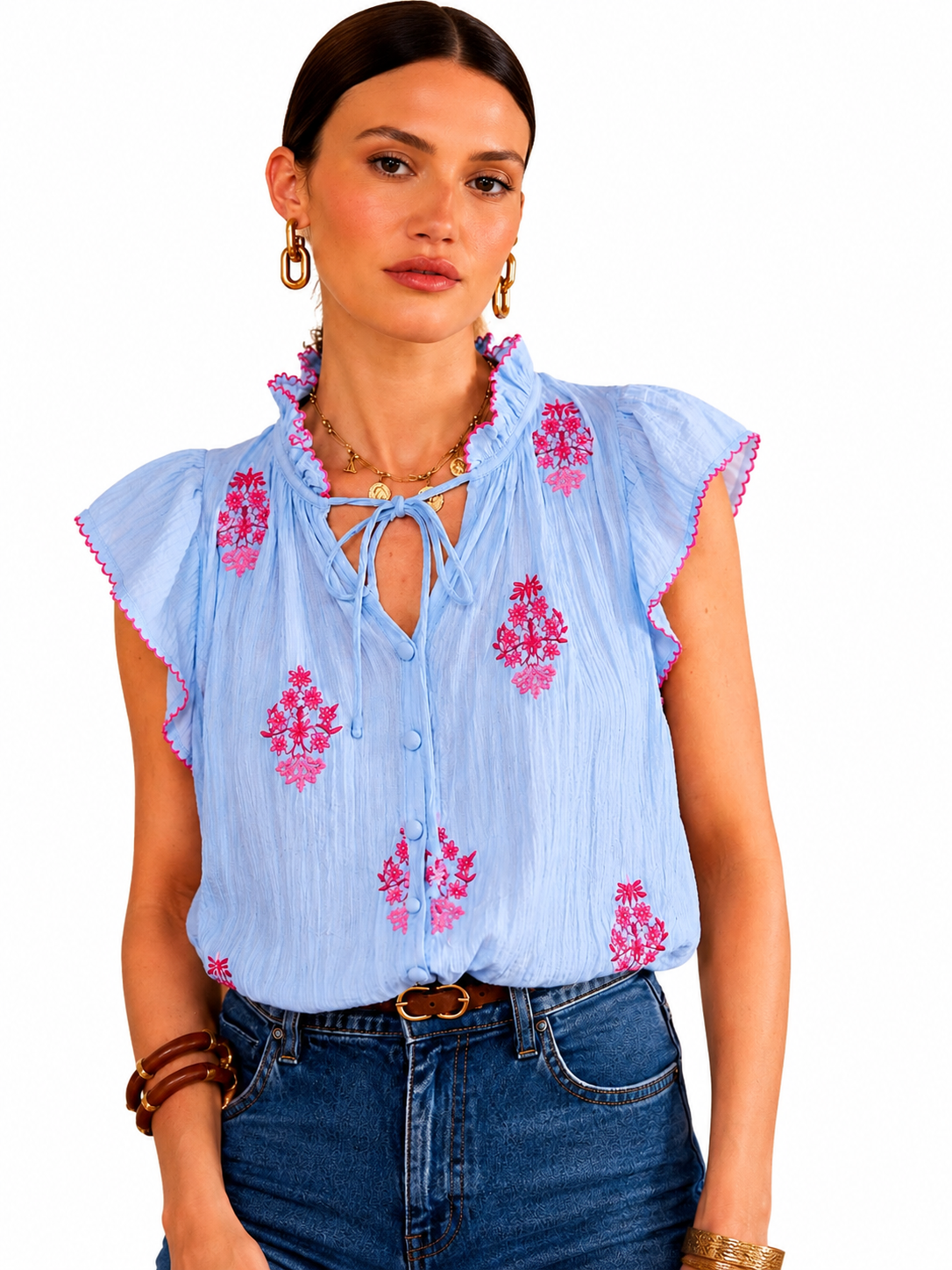 Embroired Flutter Sleeve Blouse