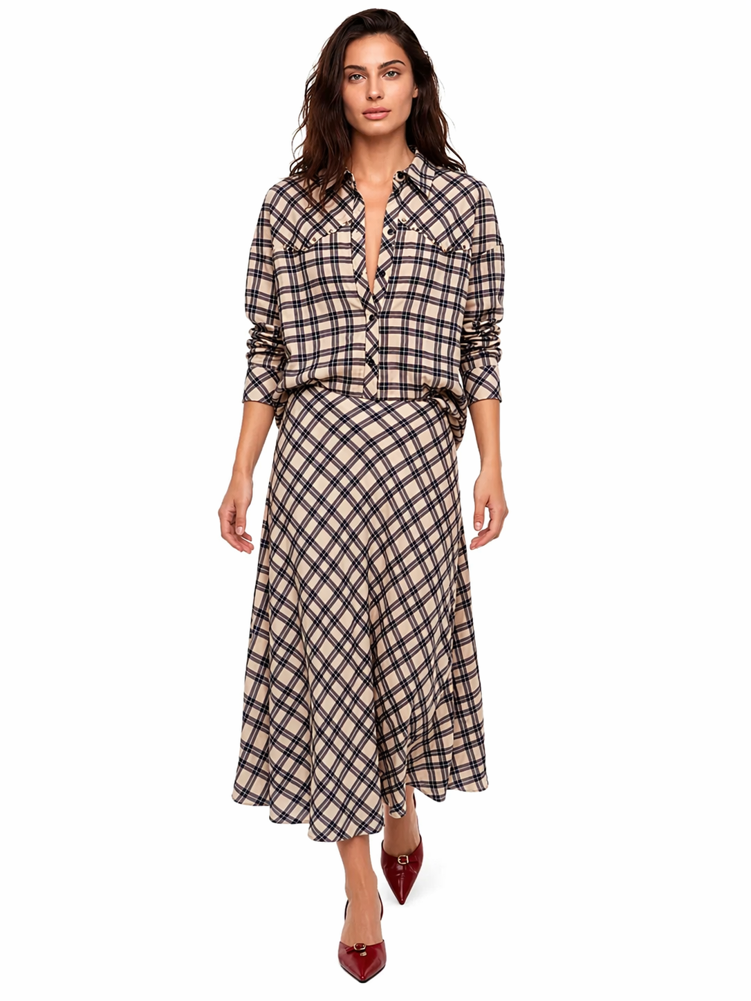 Plaid Shirt & Midi Skirt Set