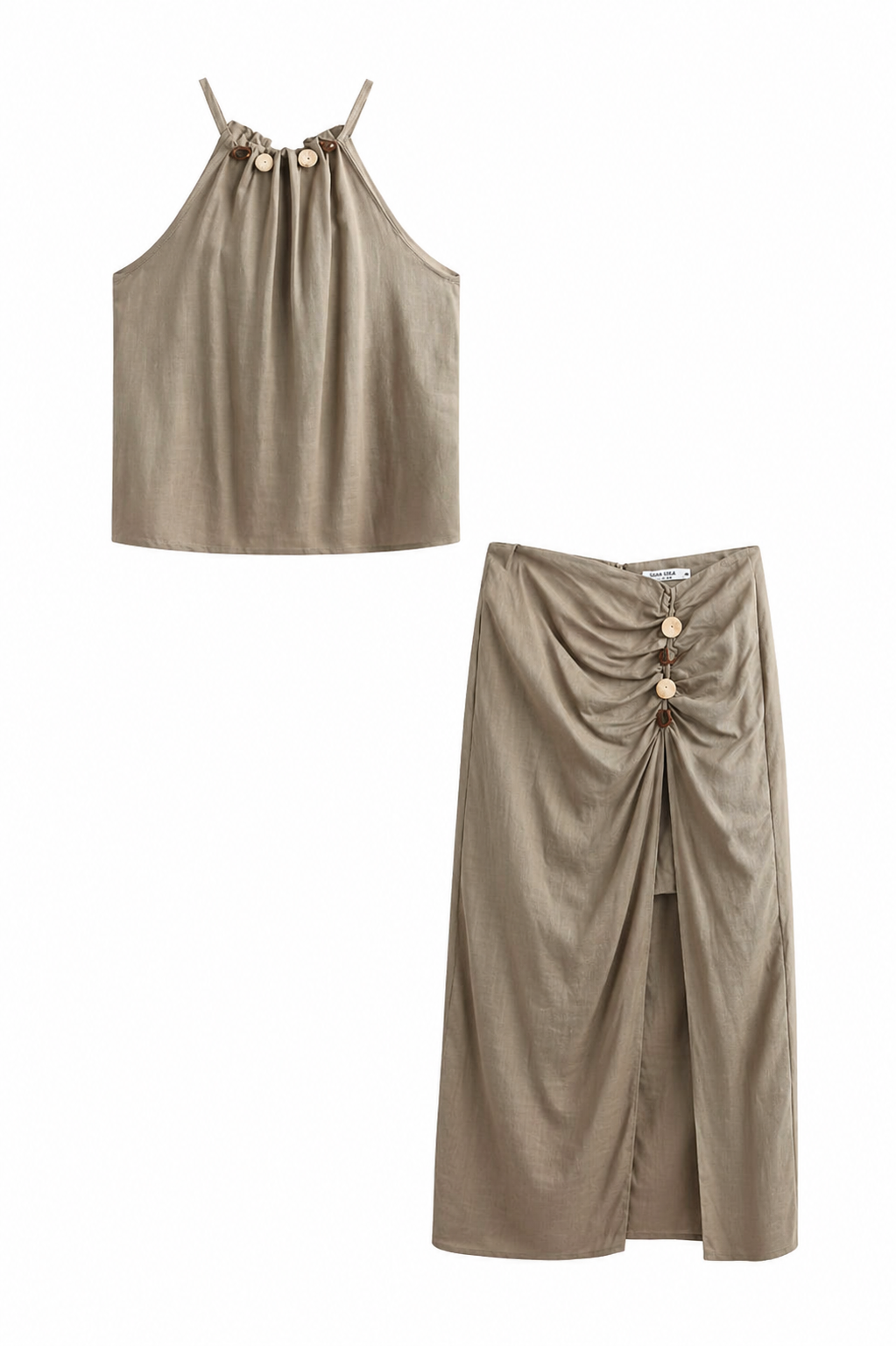 MIXED LINEN PEARL-EMBELLISHED MIDI SKIRT AND TOP SET