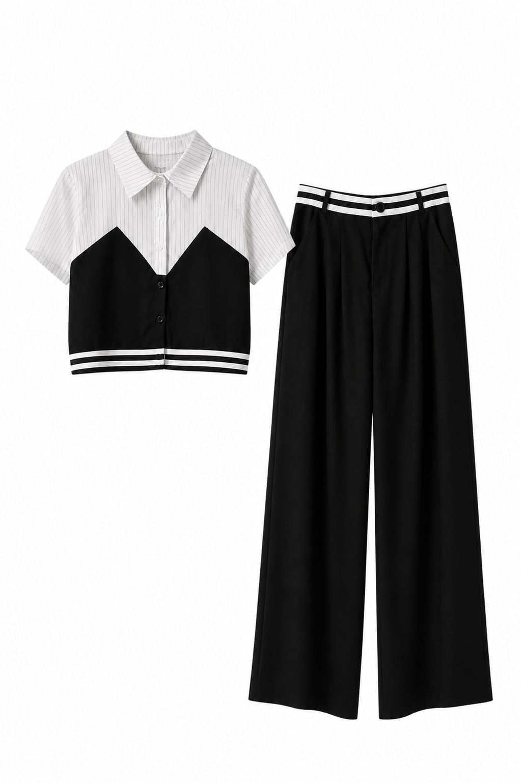 Two- Tone Tailored Set - Cropped Shirt & Wide-Leg Trousers