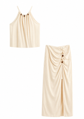 MIXED LINEN PEARL-EMBELLISHED MIDI SKIRT AND TOP SET