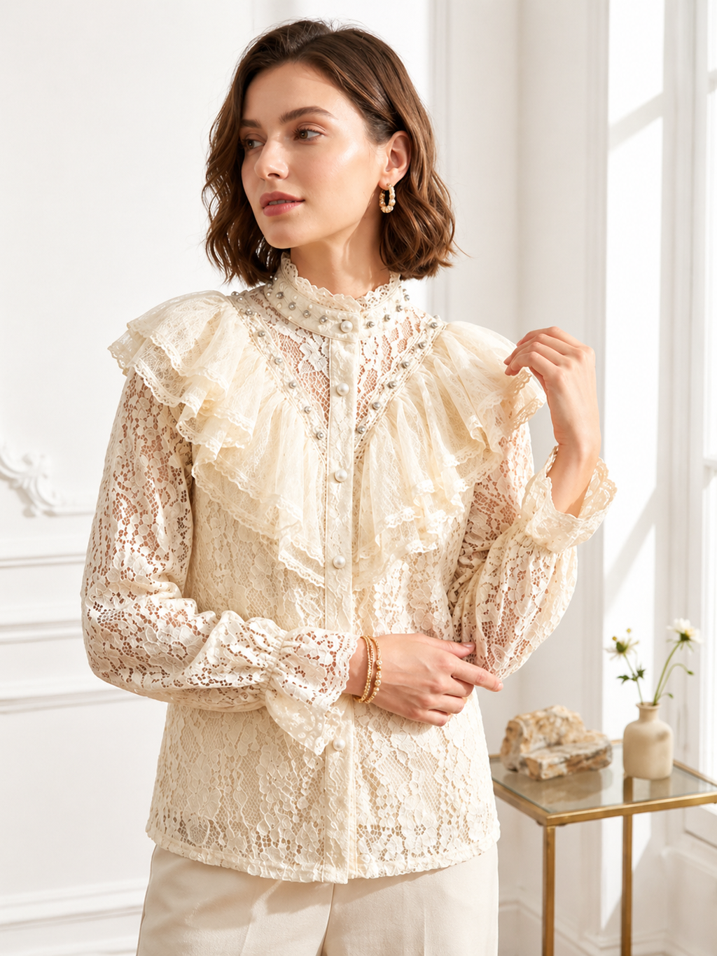 Lace Ruffle Blouse With Pearl Details