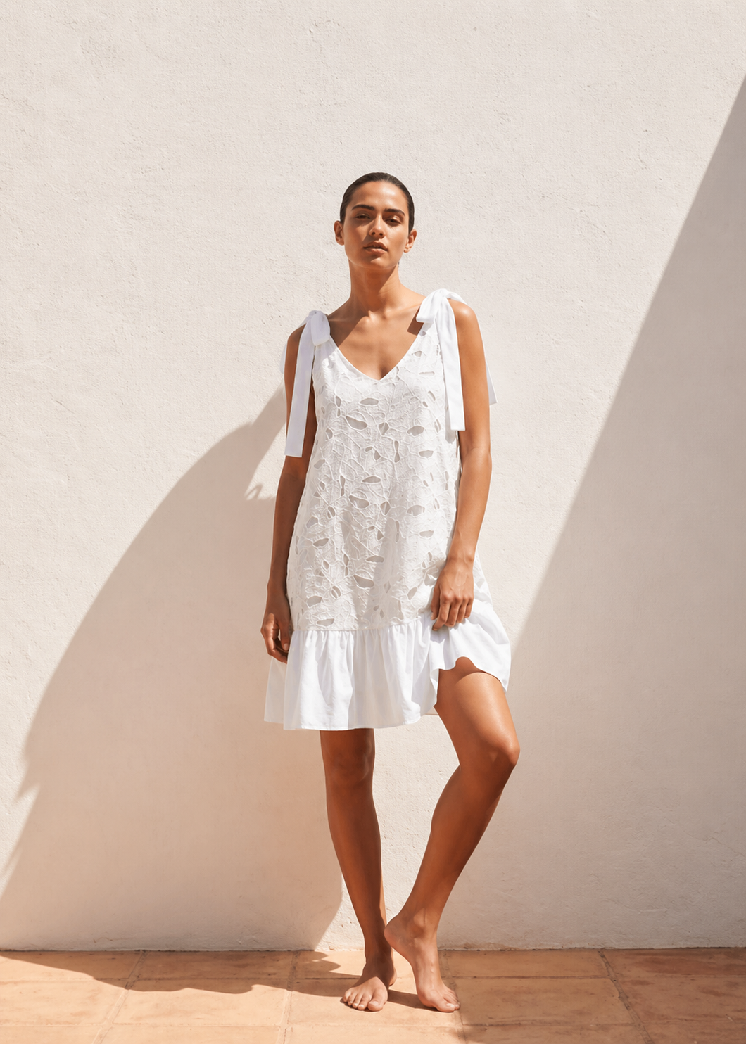 White Embroidered Bow Dress