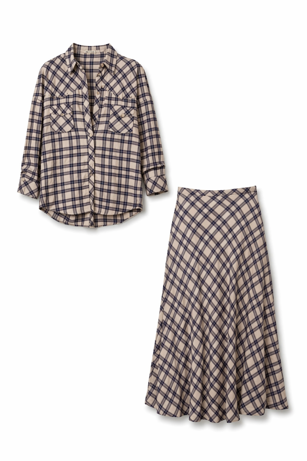 Plaid Shirt & Midi Skirt Set