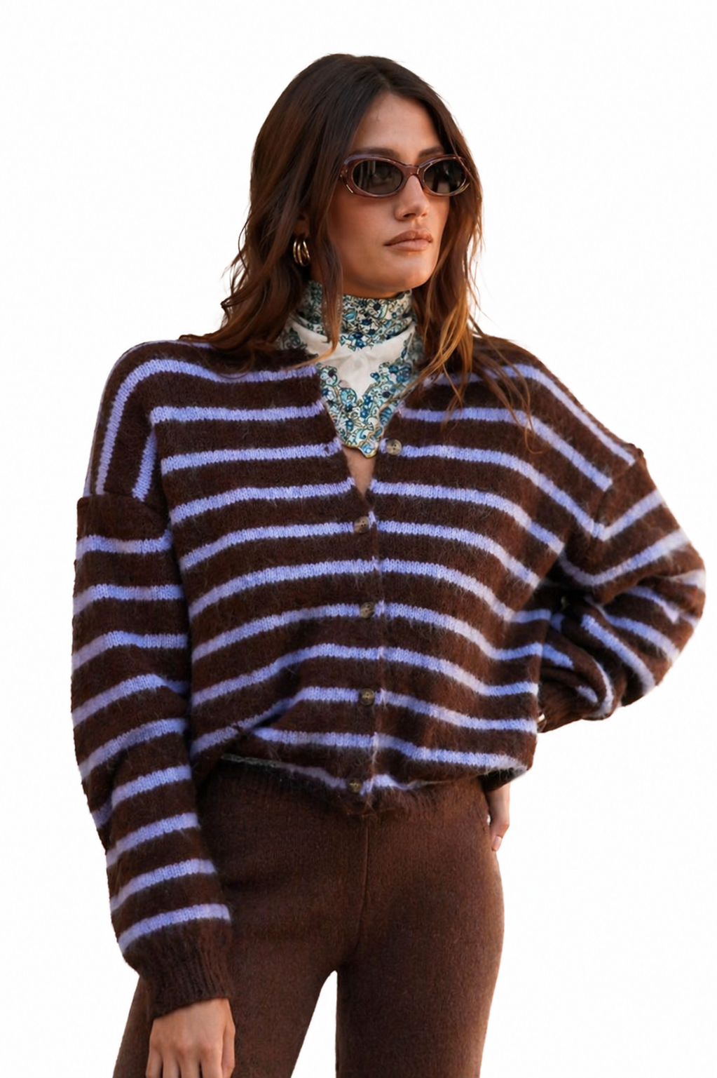 Striped Mohair Cardigan in Chocolate and Lavender