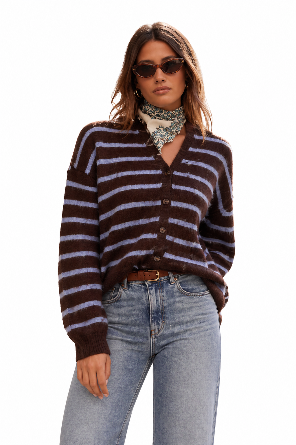 Striped Mohair Cardigan in Chocolate and Lavender