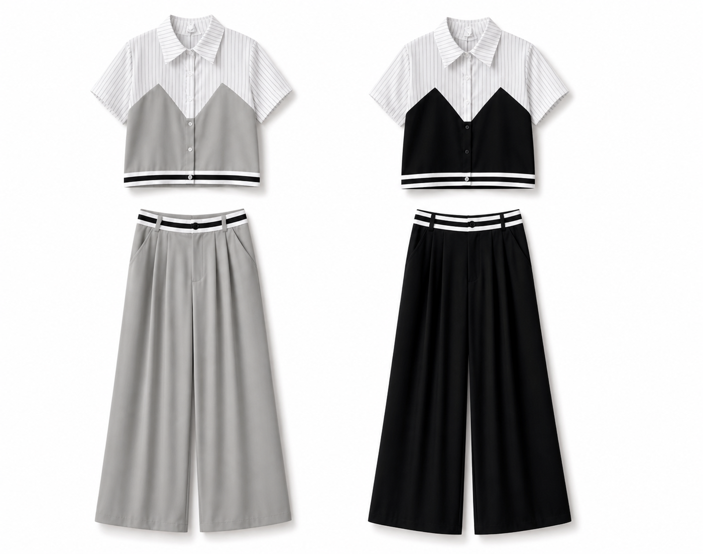 Two- Tone Tailored Set - Cropped Shirt & Wide-Leg Trousers